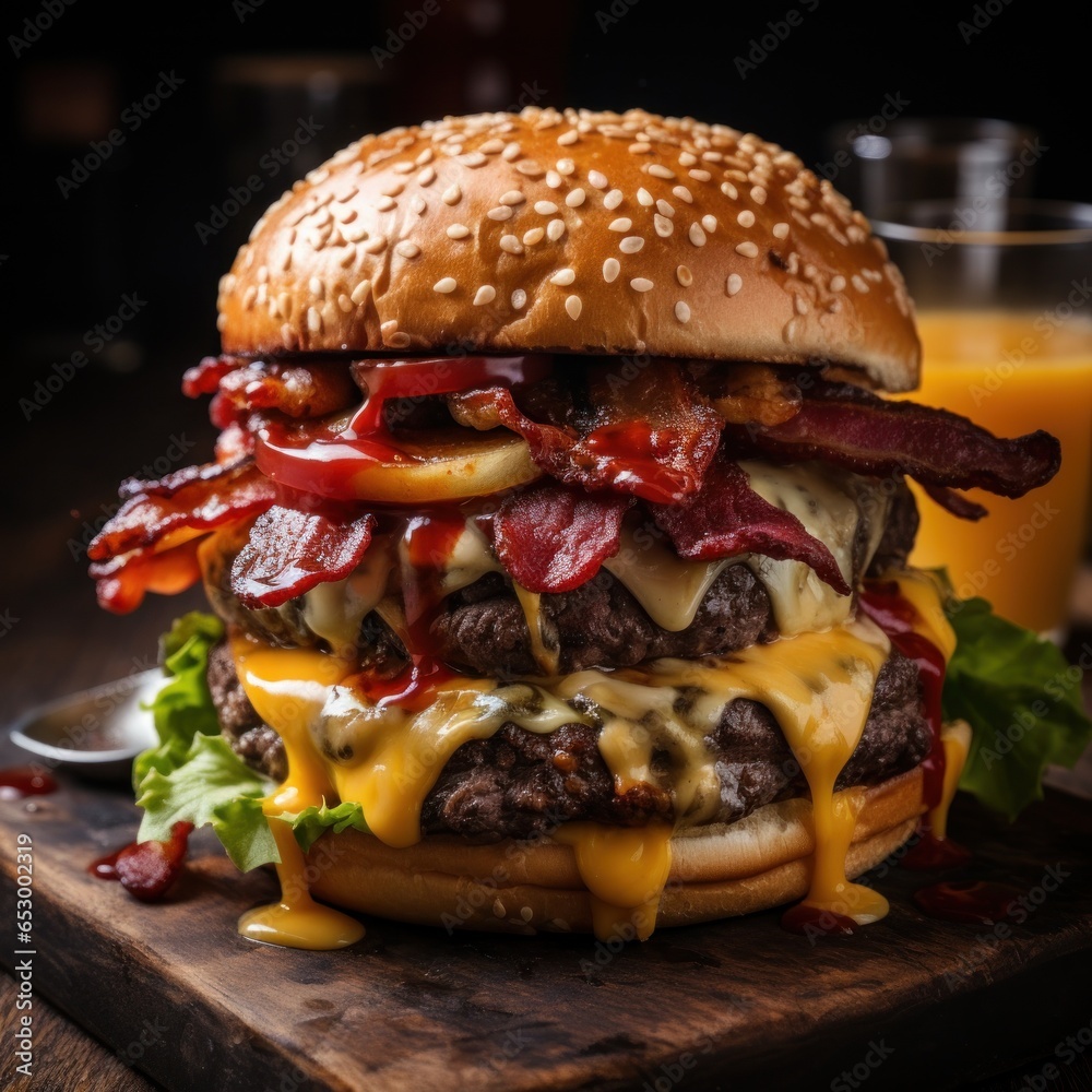 Delicious burger with melted cheese and bacon