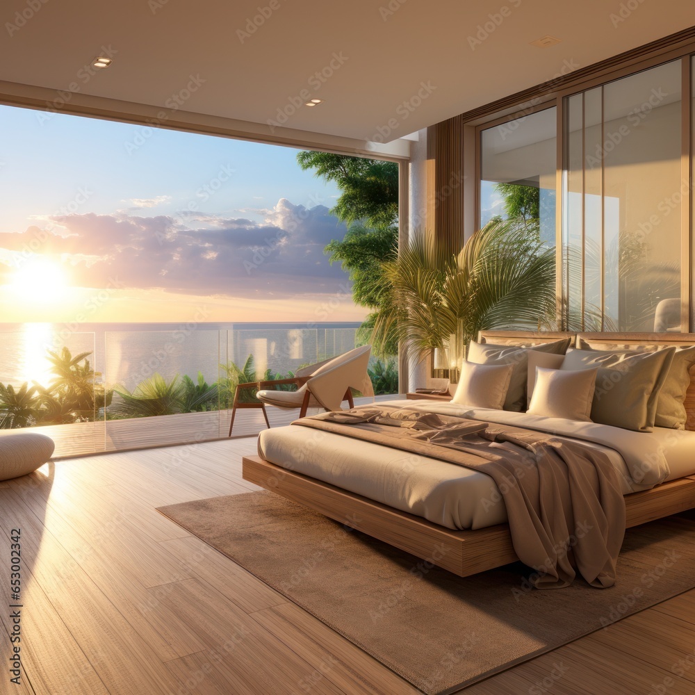 Luxurious bedroom with ocean view balcony