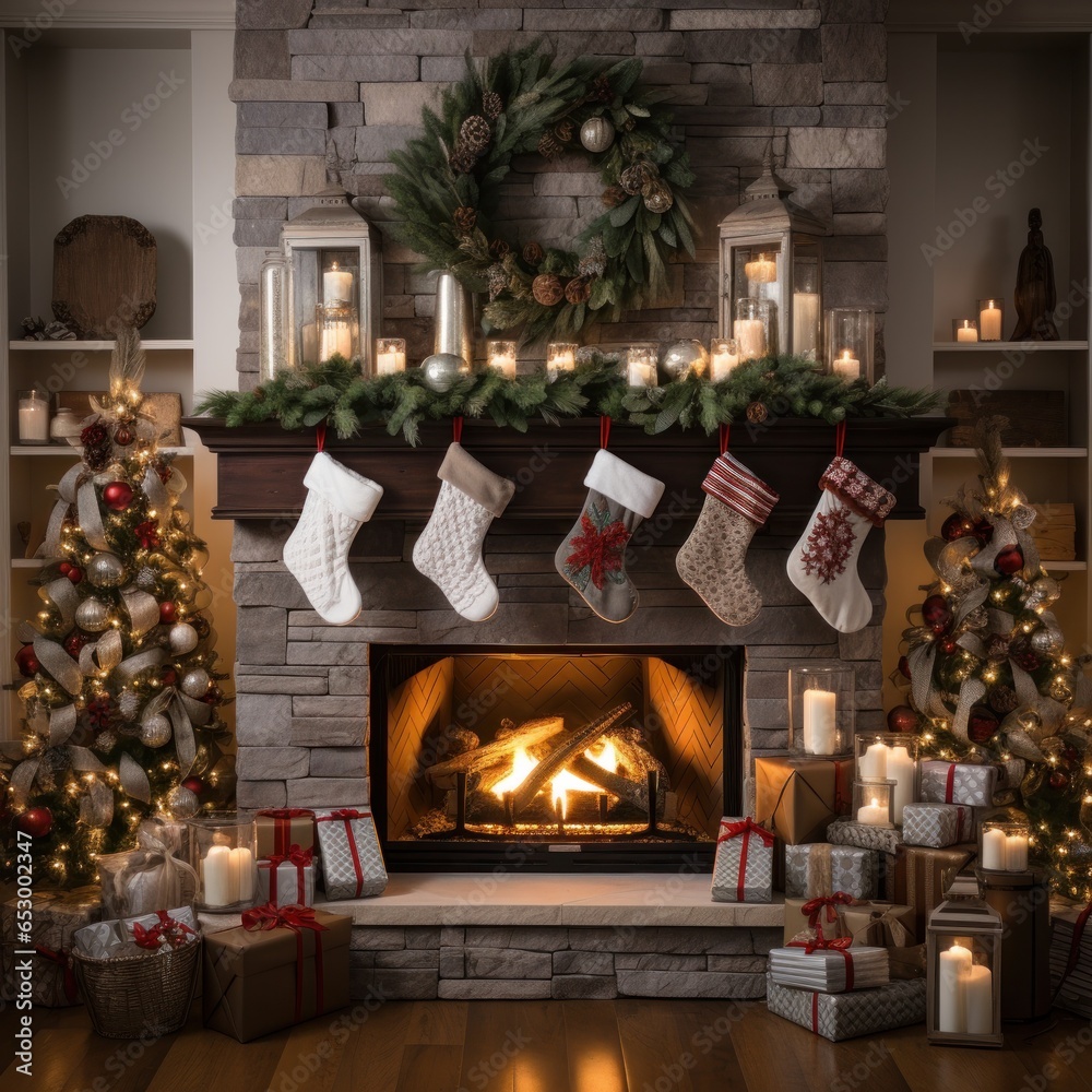 Cozy fireplace with stockings and decorations