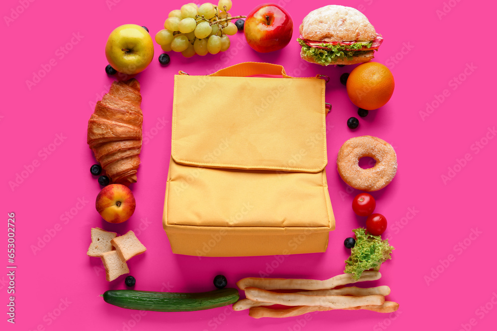 Lunch box bag with different tasty food on pink background