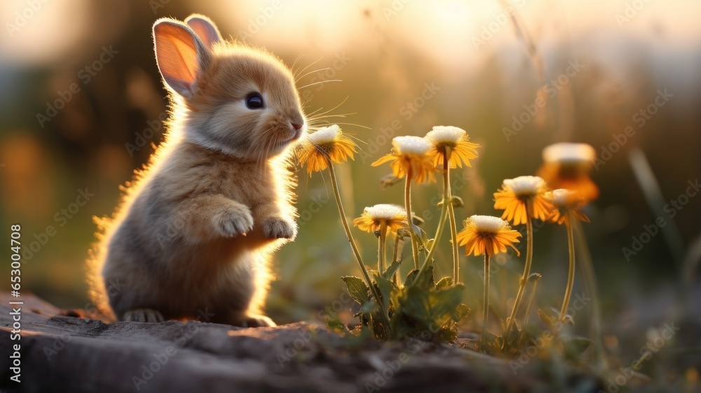 Adorable bunny sniffing a flower.