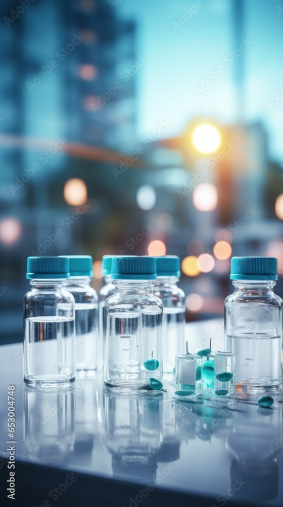 Medicine bottles with blurred hospital background