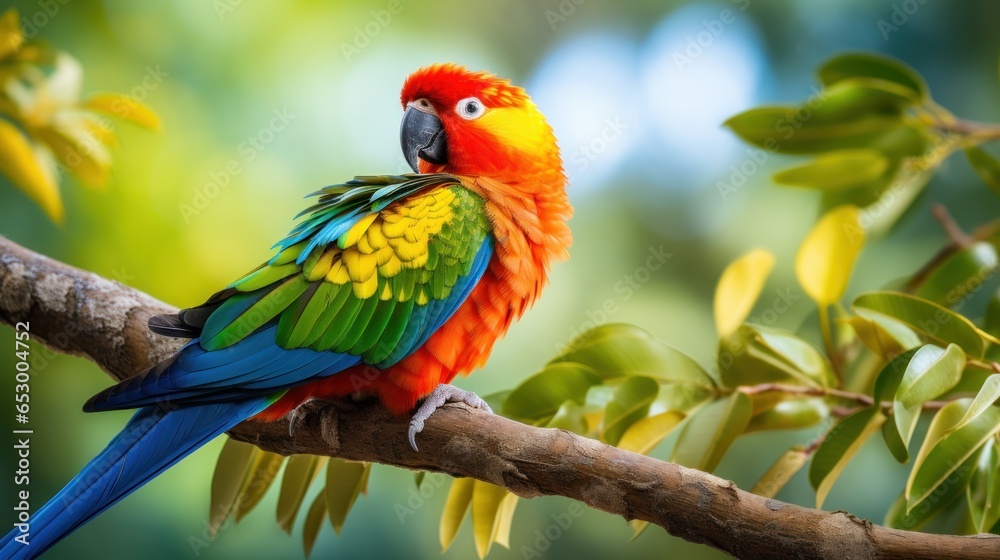 Colorful parrot perched on tree branch