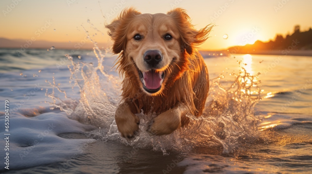 Majestic golden retriever running on beach