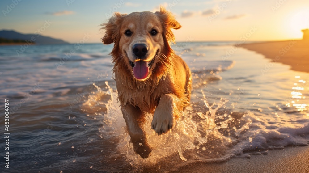 Majestic golden retriever running on beach