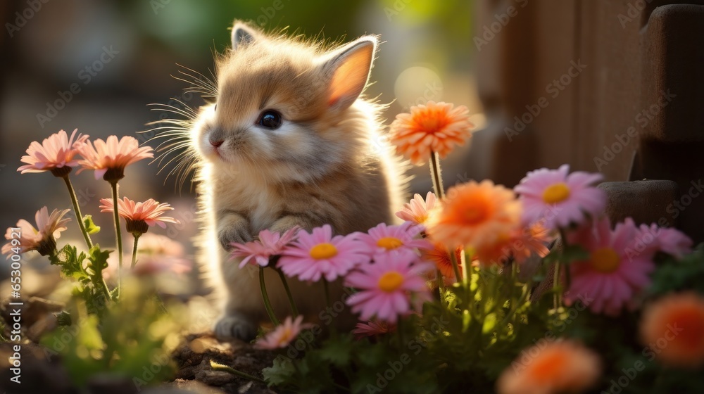 Adorable bunny sniffing a flower.