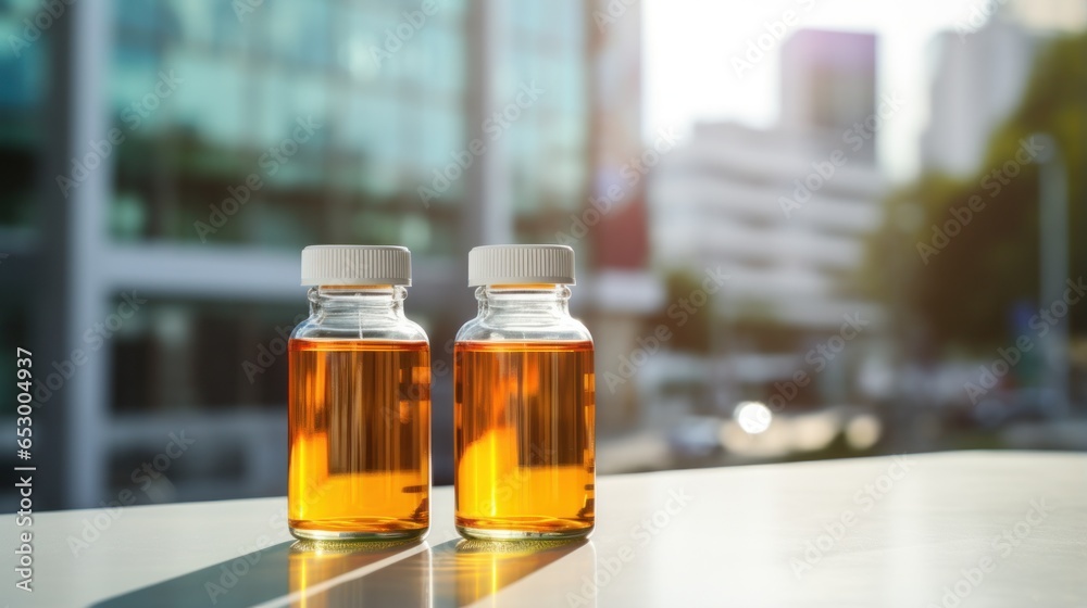 Medicine bottles with blurred hospital background