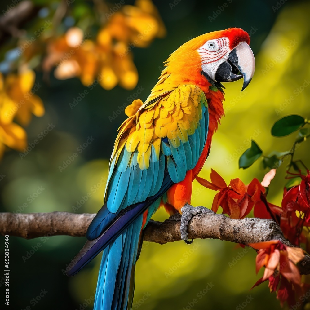 Colorful parrot perched on tree branch