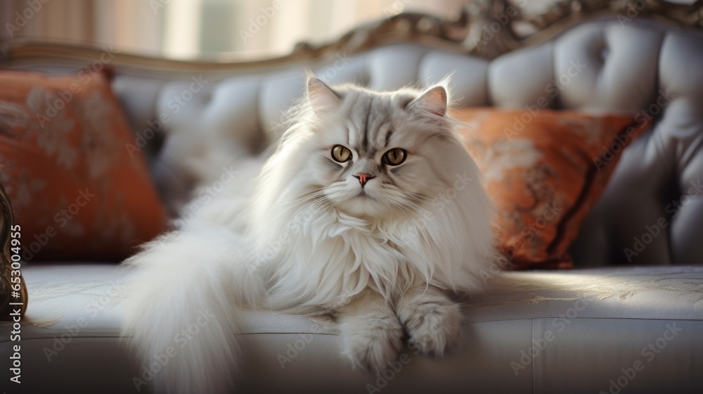 Fluffy Persian cat lounging on couch