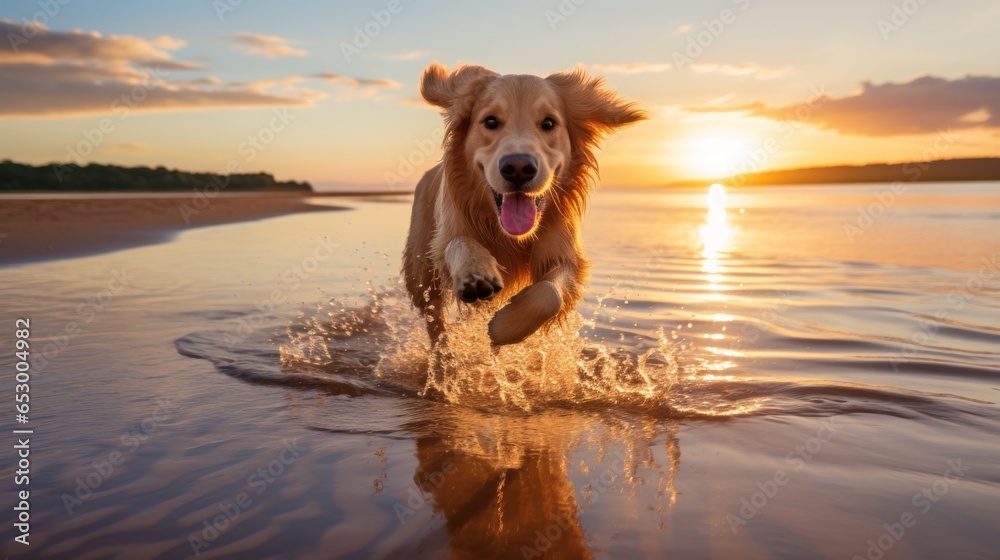 Majestic golden retriever running on beach