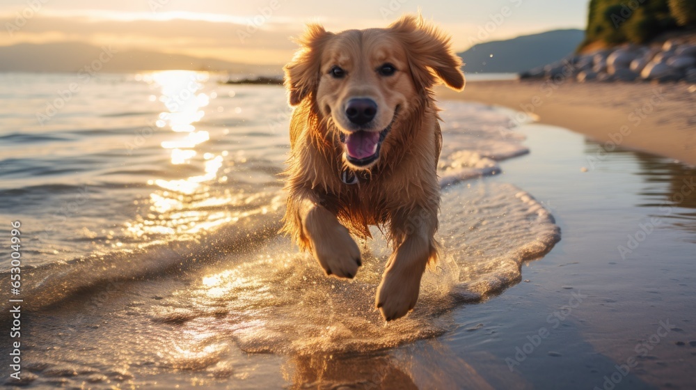 Majestic golden retriever running on beach