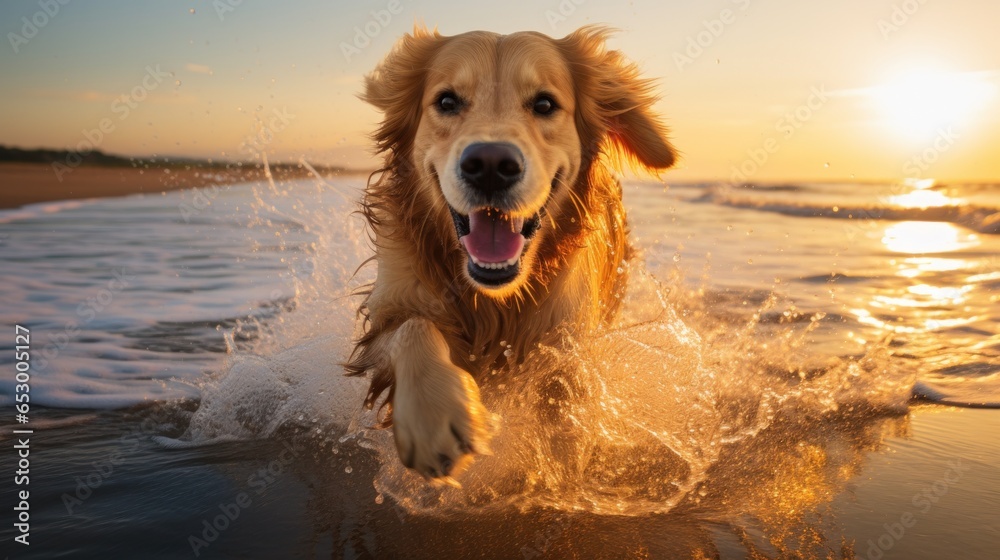 Majestic golden retriever running on beach