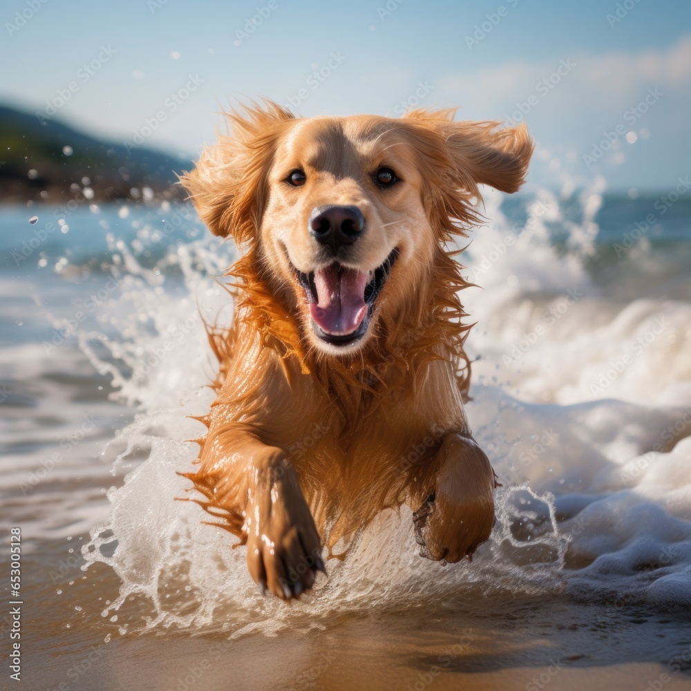 Majestic golden retriever running on beach