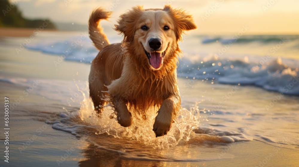 Majestic golden retriever running on beach