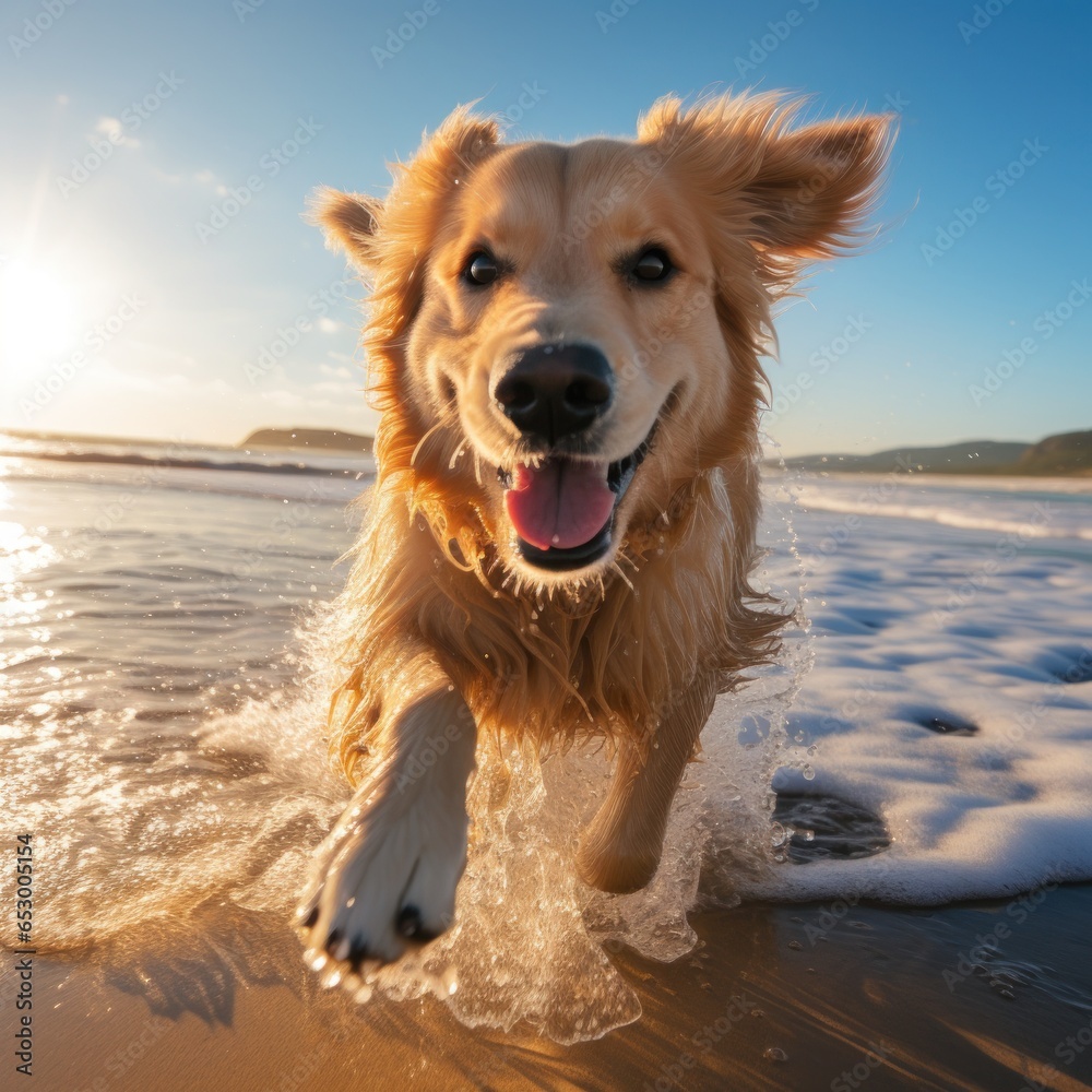 Majestic golden retriever running on beach