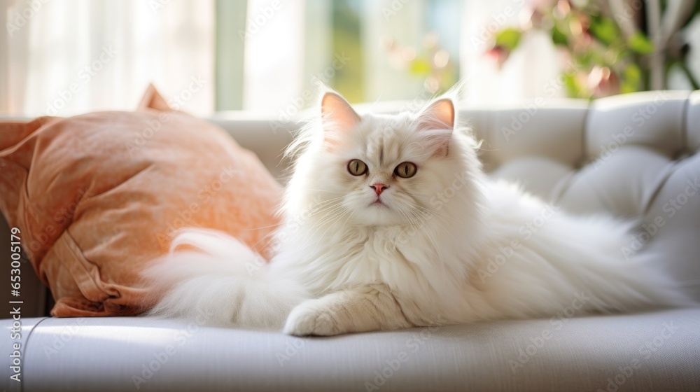 Fluffy Persian cat lounging on couch