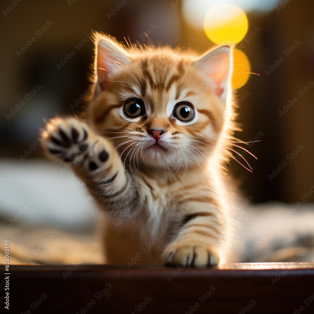 Playful kitten pawing at camera.