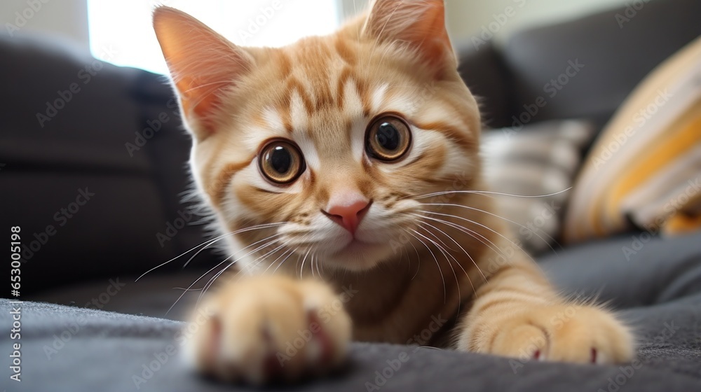 Playful kitten pawing at camera.