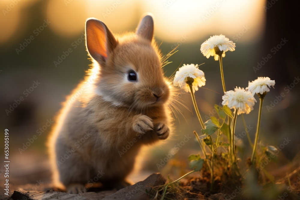 Adorable bunny sniffing a flower.