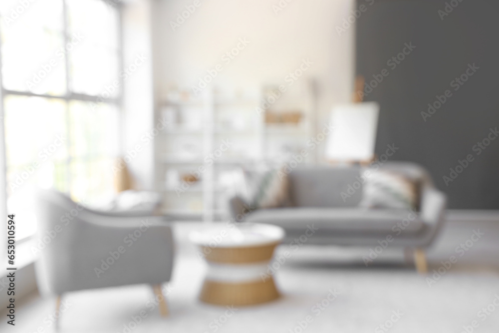 Blurred view of living room with sofa and armchair