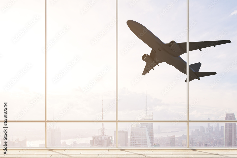 Bright airport interior with flying airplane seen through panoramic window with city view and daylight. Take off, travel and transportation concept. 3D Rendering.