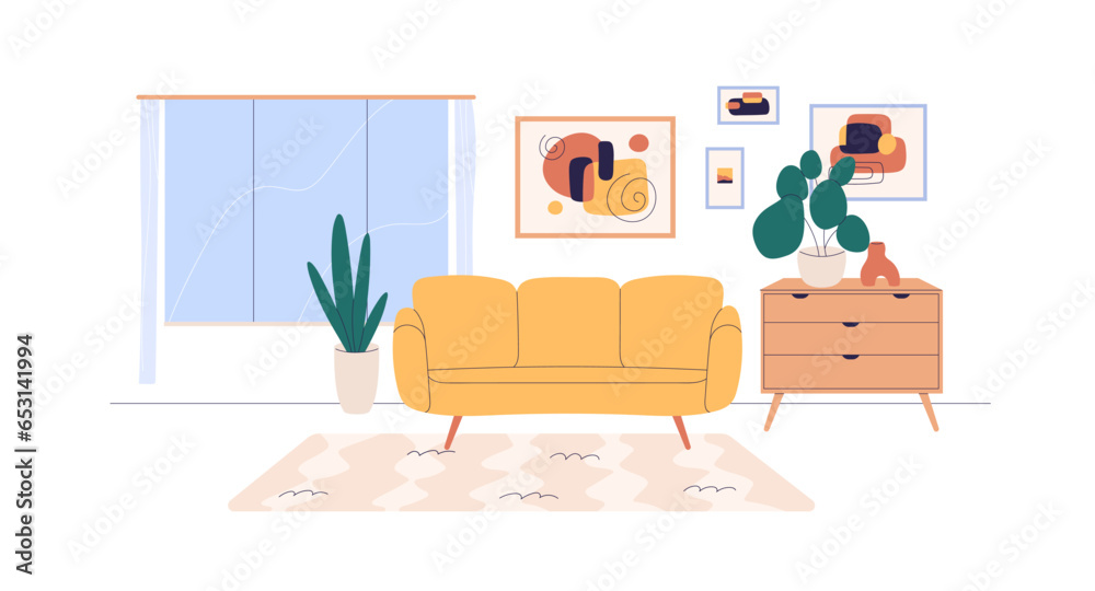 Living room interior. Sofa, wall arts, framed pictures, cabinet and house plants in apartment design. Couch, window, houseplants in livingroom. Flat vector illustration isolated on white background