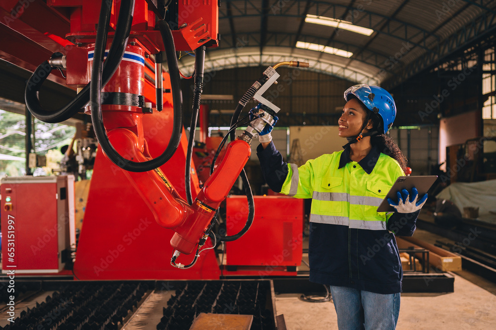 Female engineer working in advanced robot welding machine factory in modern technology world.