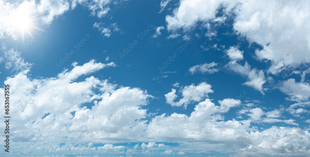 Stunning skyscape with cumulus clouds. Cloudy sky panorama.