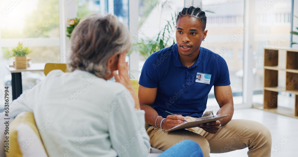 Retirement, documents and a nurse talking to an old woman patient about healthcare in an assisted living facility. Medical, planning and communication with a black man consulting a senior in her home