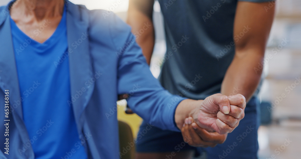 Hands, physiotherapy and recovery with a patient training while listening to her therapist for rehabilitation. Healthcare, fitness or exercise with a person and physiotherapist during a workout