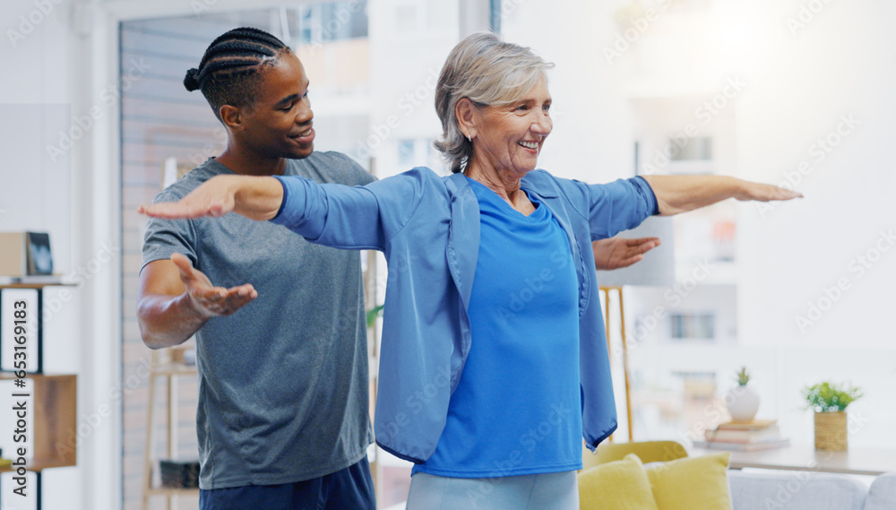 Rehabilitation, elderly woman and nurse for stretching exercise in a nursing home. Happy senior patient with a therapist man for healing, health and physiotherapy for arms, strong muscle and body