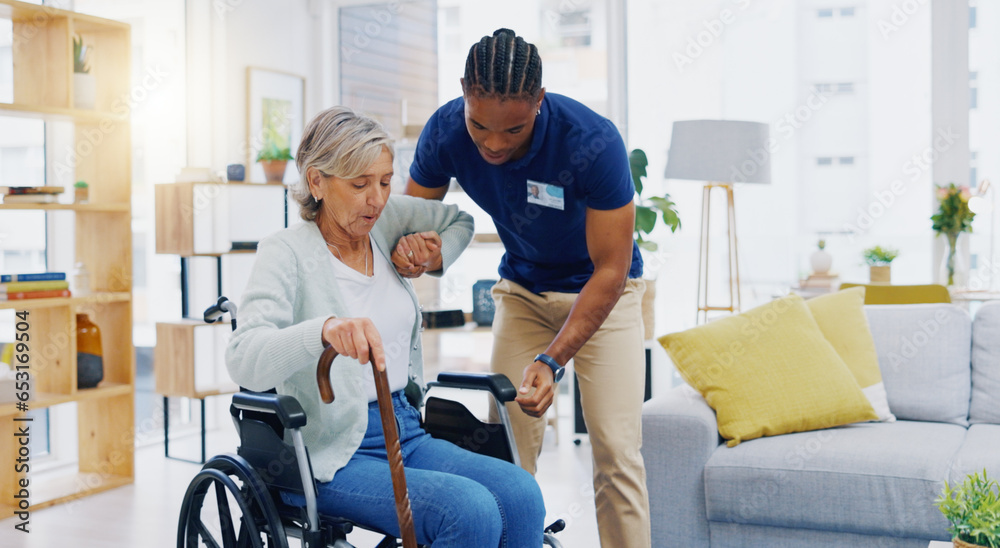 Help, home care and a woman with a caregiver and a wheelchair for disability, support and consulting. Happy, talking and a black man or male nurse helping a senior patient into a chair for nursing