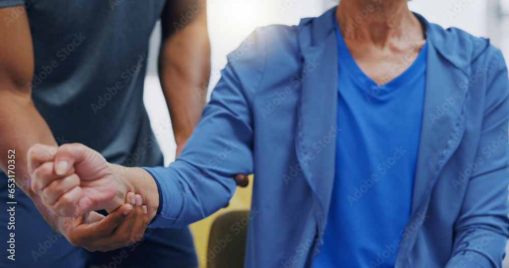 Hands, physiotherapy and recovery with a patient training while listening to her therapist for rehabilitation. Healthcare, fitness or exercise with a person and physiotherapist during a workout