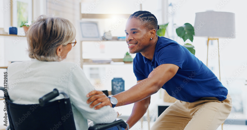 Black man, caregiver speaking or old woman in wheelchair talking or supporting in homecare rehabilitation. Medical healthcare or happy male nurse nursing or helping elderly patient with disability