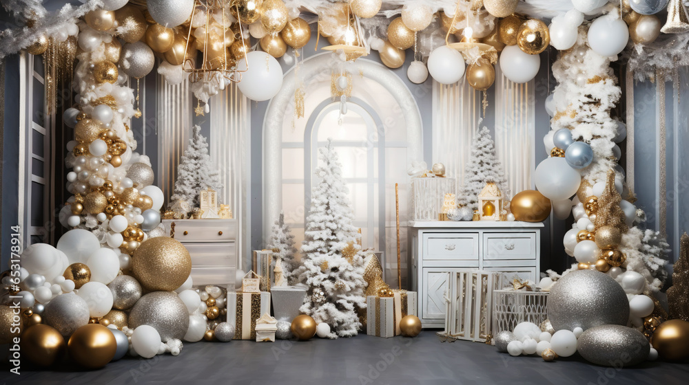 Modern shiny creative Christmas backdrop. Golden festive New Year background. Generative AI