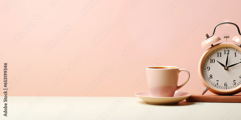 Vintage alarm clock and cup of coffee on the uniform pastel backdrop with a copy space. Generative AI