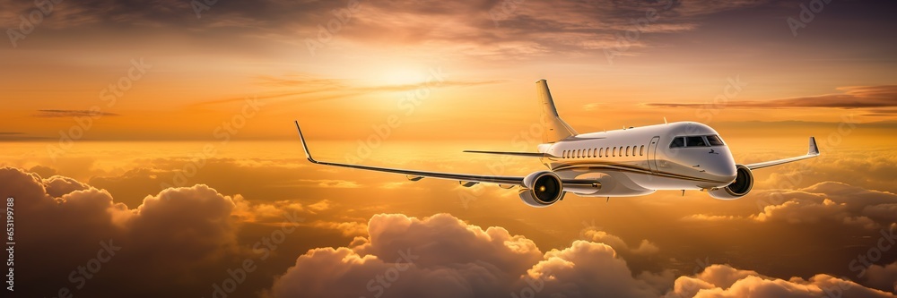 Luxury private jet flying above the clouds, beautiful sunset on background. Travel and airplane concept. Generative AI