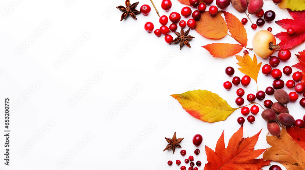 Autumn creative frame composition with dried leaves, chestnuts, red berries and cones on white background. Generative AI