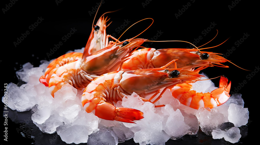 Top view of raw whole king prawns on ice. Seafood background. Generative AI