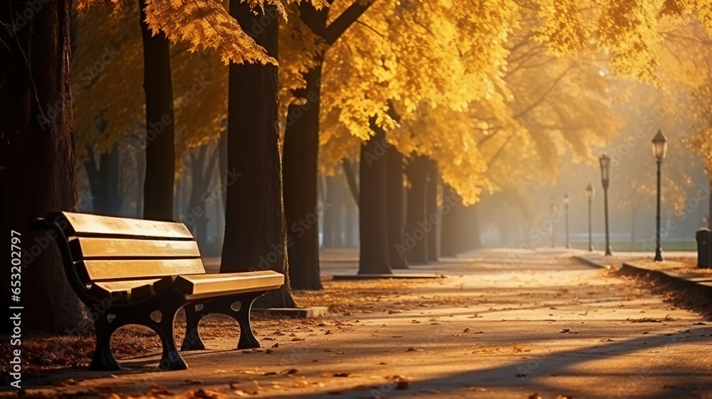 Wooden bench in the autumn park, an empty street. Yellow trees of a city alley. Generative AI