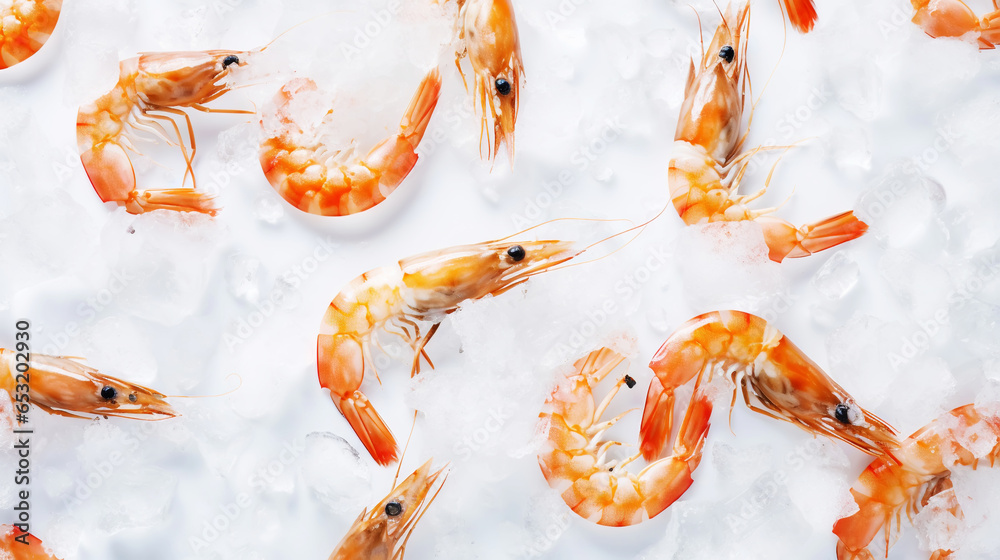 Top view of raw whole shrimps on ice. Seafood background. Generative AI