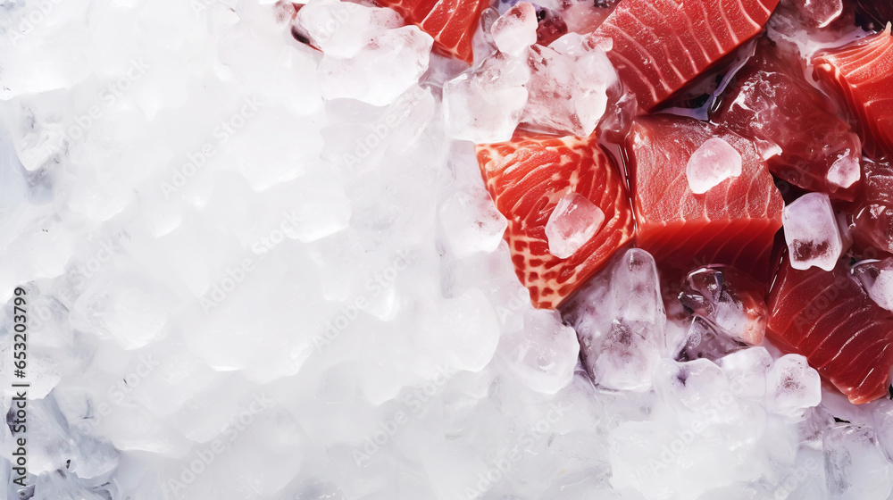 Slices of tuna fish on the ice cubes. Fresh fish fillet. Seafood background. Generative AI