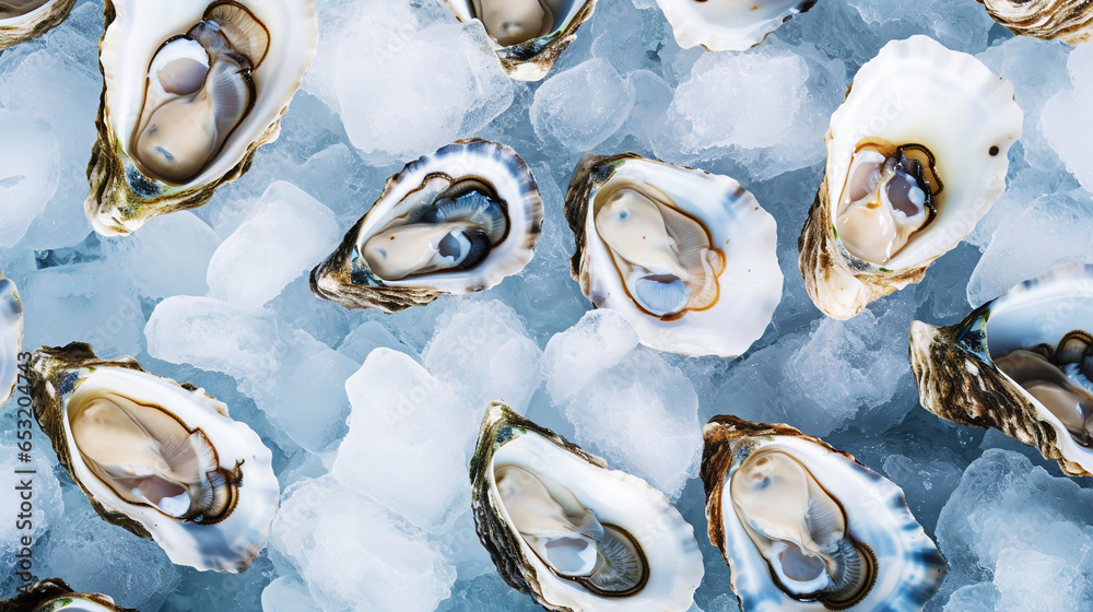 Top view on fresh oysters laying on crushed ice. Seafood background. Generative AI