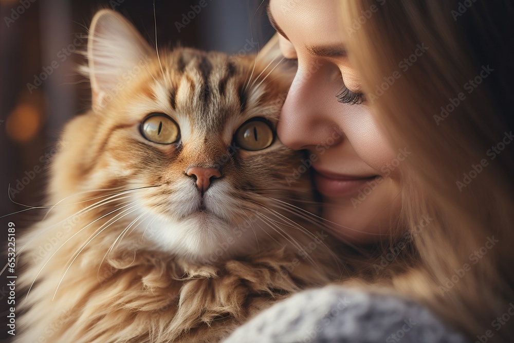 A blonde girl hugs her cat. The atmosphere of warmth and comfort