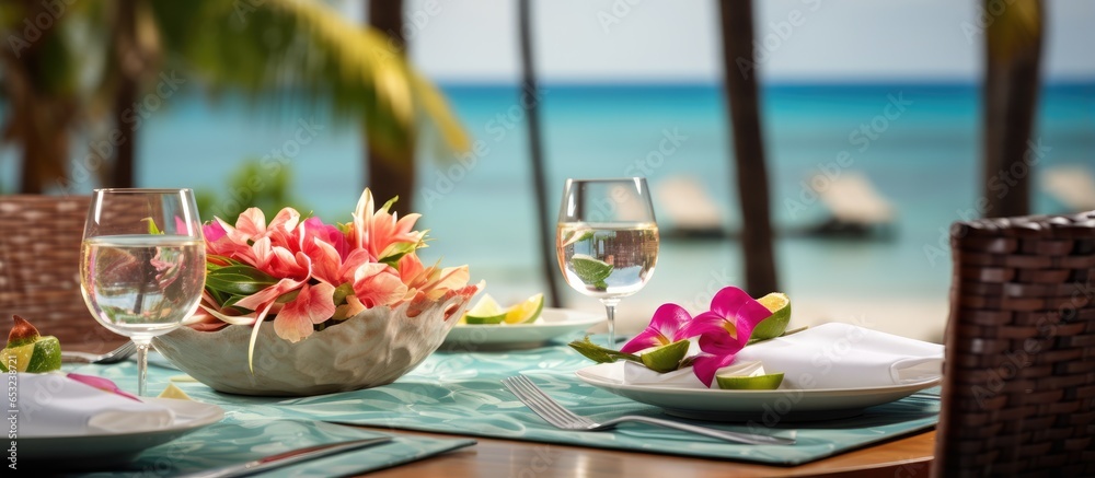 Oceanfront resort restaurant with tropical table decor and orchids