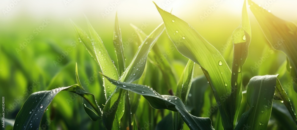 Rural farm land in summer with green organic plant growth in a farming scene surrounded by a natural outdoor landscape with raindrops