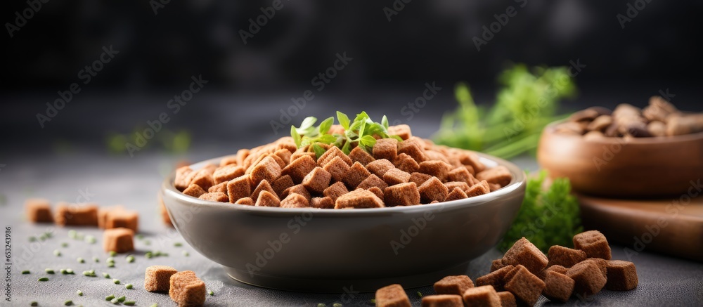 Closeup of natural pet food in feeding bowl on grey table with room for text