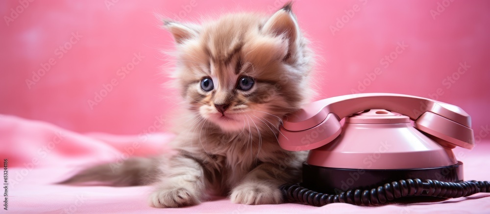 Kitten dialing on an old pink telephone six weeks old