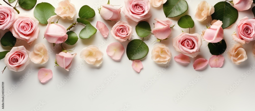 Floral pattern with pink and beige roses green leaves branches on white background Flat lay top view