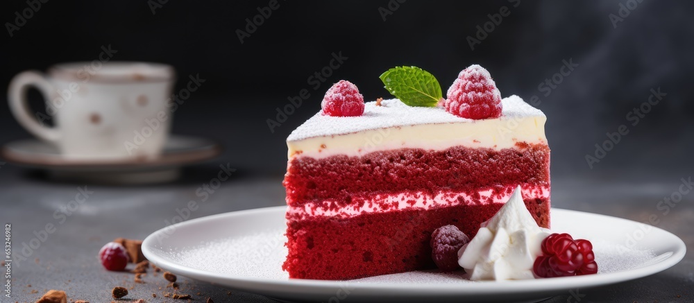 Red velvet cake slice with heart and marshmallow on ceramic plate Wedding or Mother s day theme